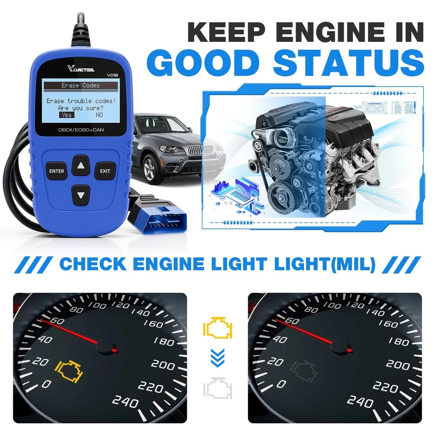 VDIAGTOOL VD10 OBD2 Diagnosegerät KFZ-Scanner mit I/M-Bereitschaftscodes, Motorprüffunktion, lebenslange kostenlose Updates