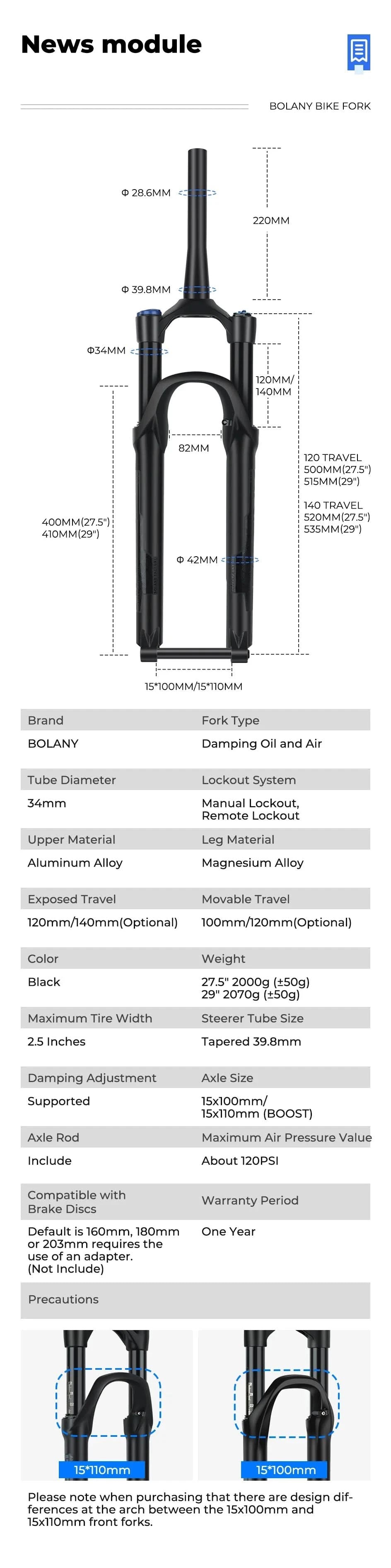 BOLANY 27.5/29inch Boost Bicycle Fork Thru Axle 100/110mm 34mm Tube Tapered Rebound Adjustment 120/140mm Travel Suspension Fork