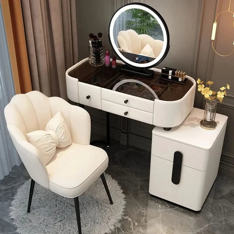 Luxury Jewelery Storage Dressing Table Glass Top Girls Unique Makeup Mirror Beauty Dressing Table Light White Muebles Decoration
