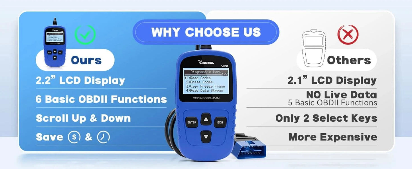 VDIAGTOOL VD10 OBD2 Diagnosegerät KFZ-Scanner mit I/M-Bereitschaftscodes, Motorprüffunktion, lebenslange kostenlose Updates
