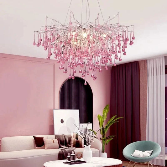 Princess Children's Room Pink Crystal Pendant Bedroom Interior Colorful Ceiling Living Room Water Drop Ceiling Decorative Light