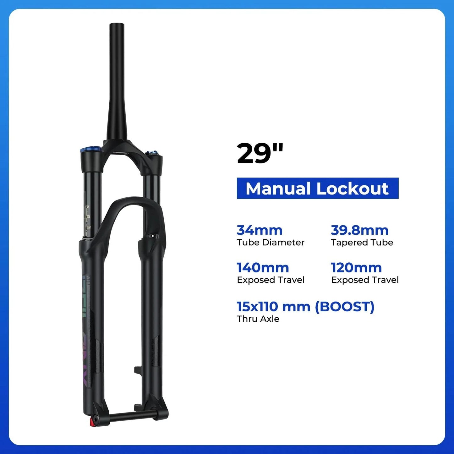 BOLANY 27.5/29inch Boost Bicycle Fork Thru Axle 100/110mm 34mm Tube Tapered Rebound Adjustment 120/140mm Travel Suspension Fork