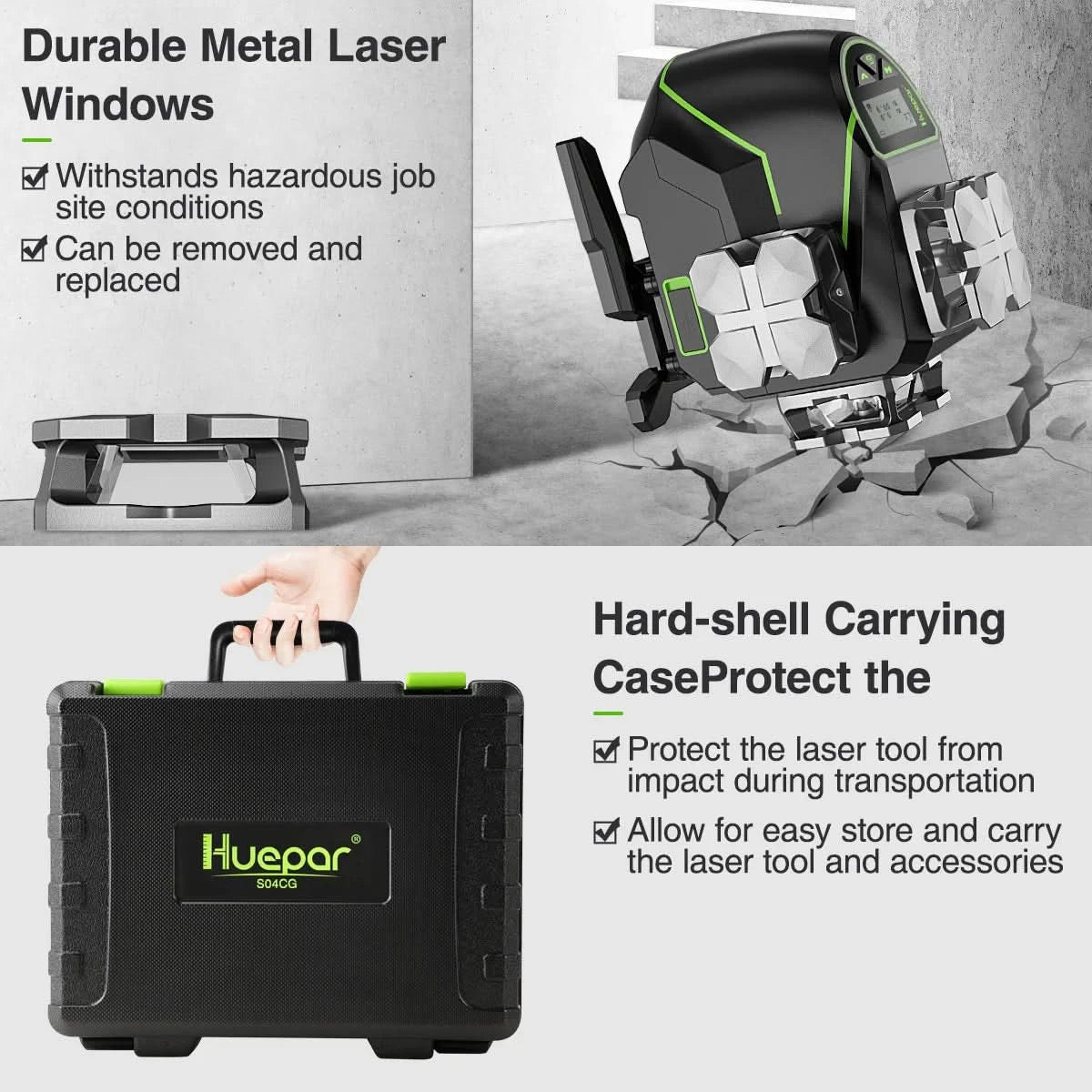 Huepar 4D 16 Lines Laser Level Self Leveling 4x360°Cross Line LCD Screen Bluetooth Remote Green Beam Tiling Floor with Receiver