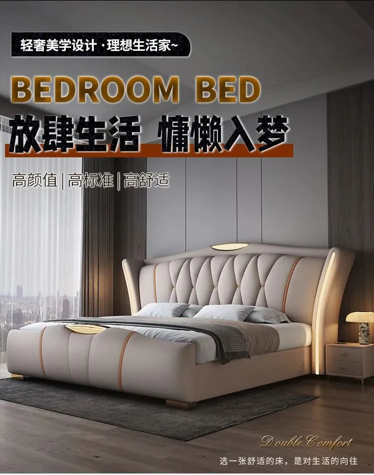Home Leather bed with light modern minimalist lit 150x200 180x200 200x220 cm Double bed 2 people bedroom beds frames Furniture