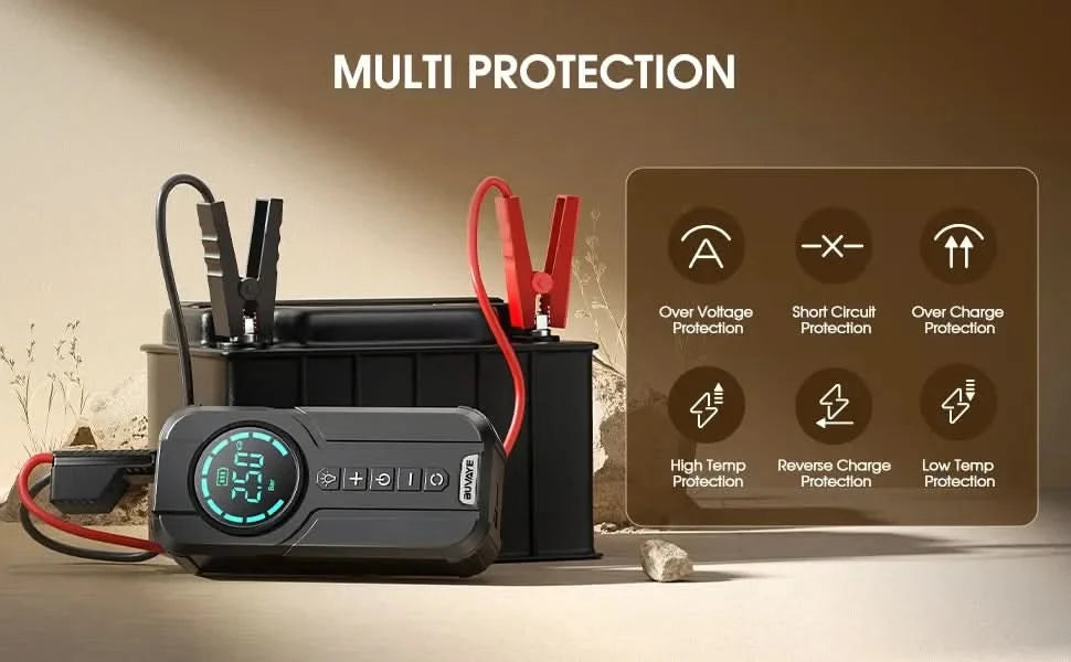 BUVAYE Auto-Multifunktions-Luftkompressor Starthilfe Luftpumpe Praktischer Reifenfüller Tragbarer Batteriestarter mit EVA-Tasche