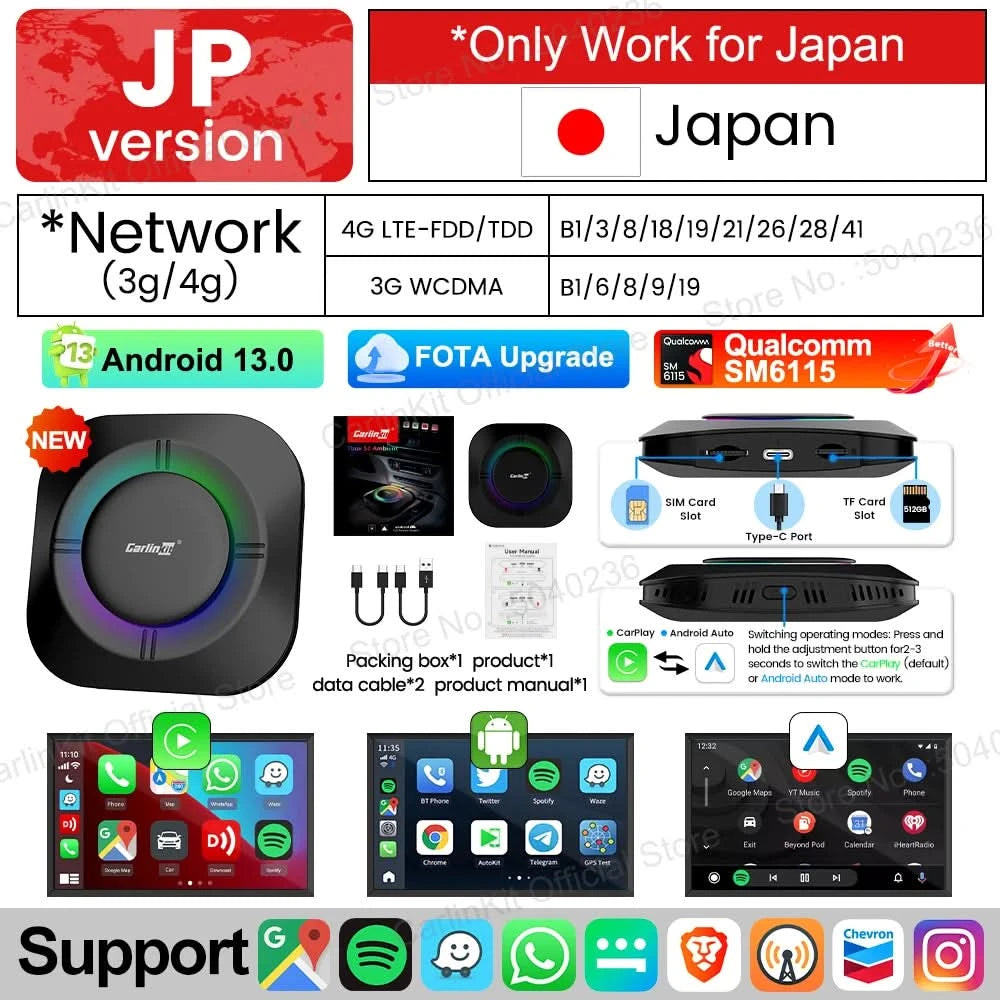 CarlinKit S2 CarPlay Ai Box LED Android 13 Streaming Box 64G/128G Qualcomm 8-Core Split Screen Smartes Fahrzeugsystem Wiedergabe von Videos