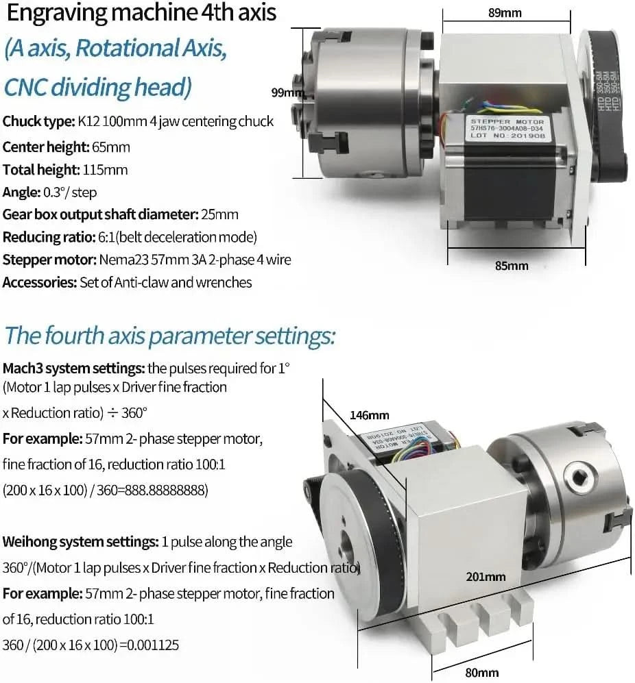 【EU&Brazil Stock】4 Axis Rotation A Axis Extend Rotary 4 Jaw 100mm K12-100 Chuck Nema23 Motor &Tailstock for Wood Metal Milling