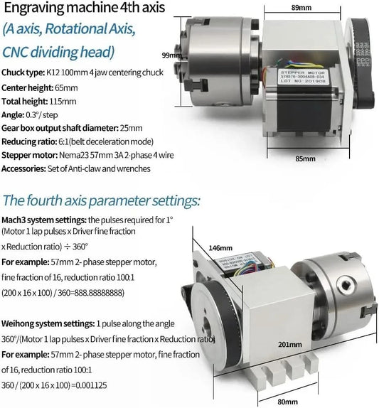 【EU&Brazil Stock】4 Axis Rotation A Axis Extend Rotary 4 Jaw 100mm K12-100 Chuck Nema23 Motor &Tailstock for Wood Metal Milling