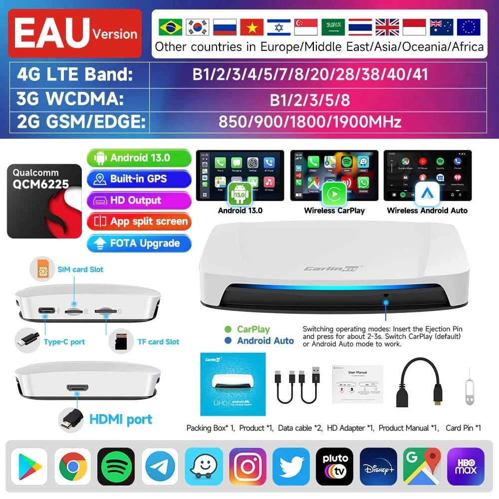 Carlinkit HDMI-Ausgang Auto TV Mate Carplay Qualcomm 6225 8-Core Android Auto Wireless Adapter unterstützt Youtube GPS Split Screen