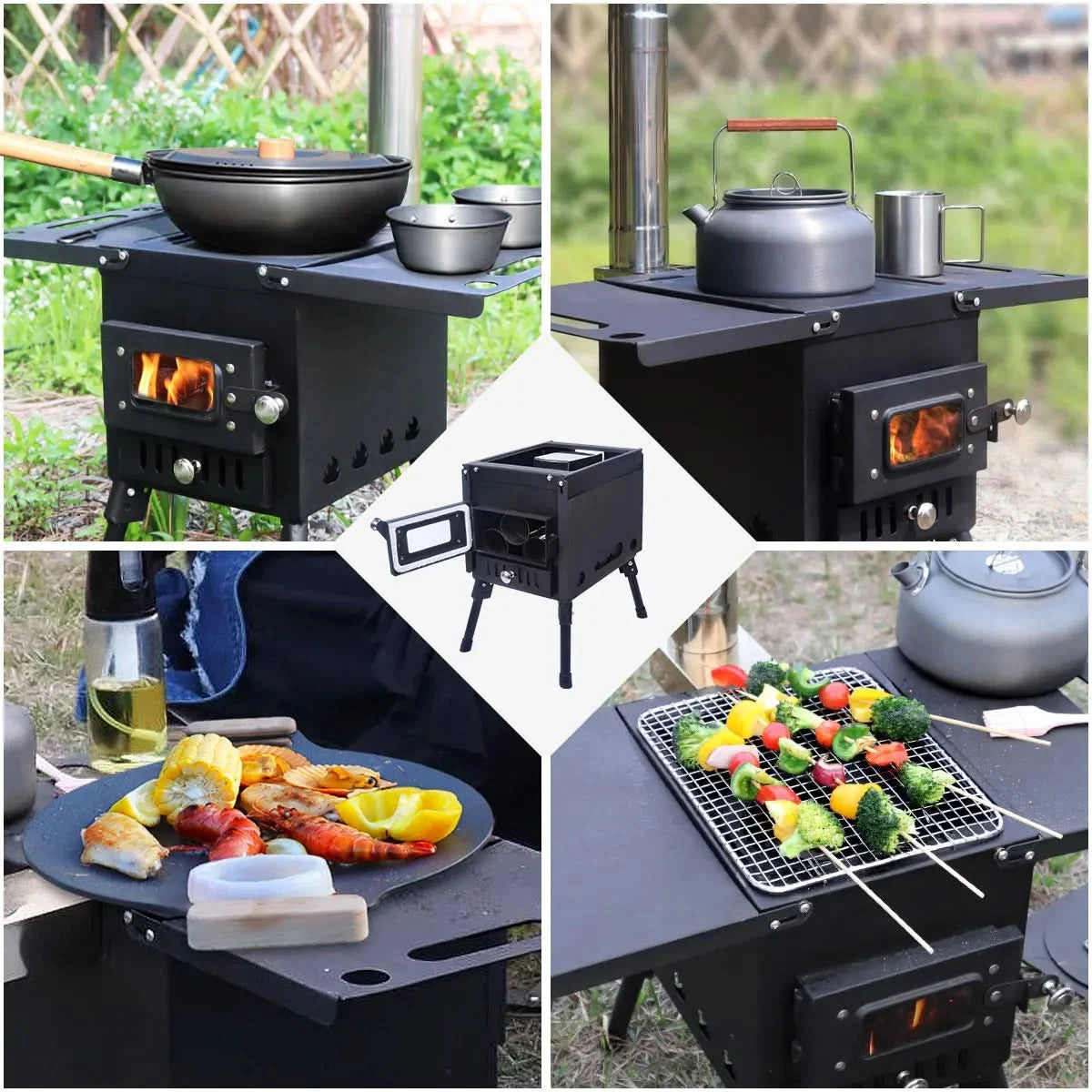Camping Wood Stove Fire View Side Glass Portable Folding Wood Burner with Chimney Stainless Steel Tent Heater for Ice Fishing
