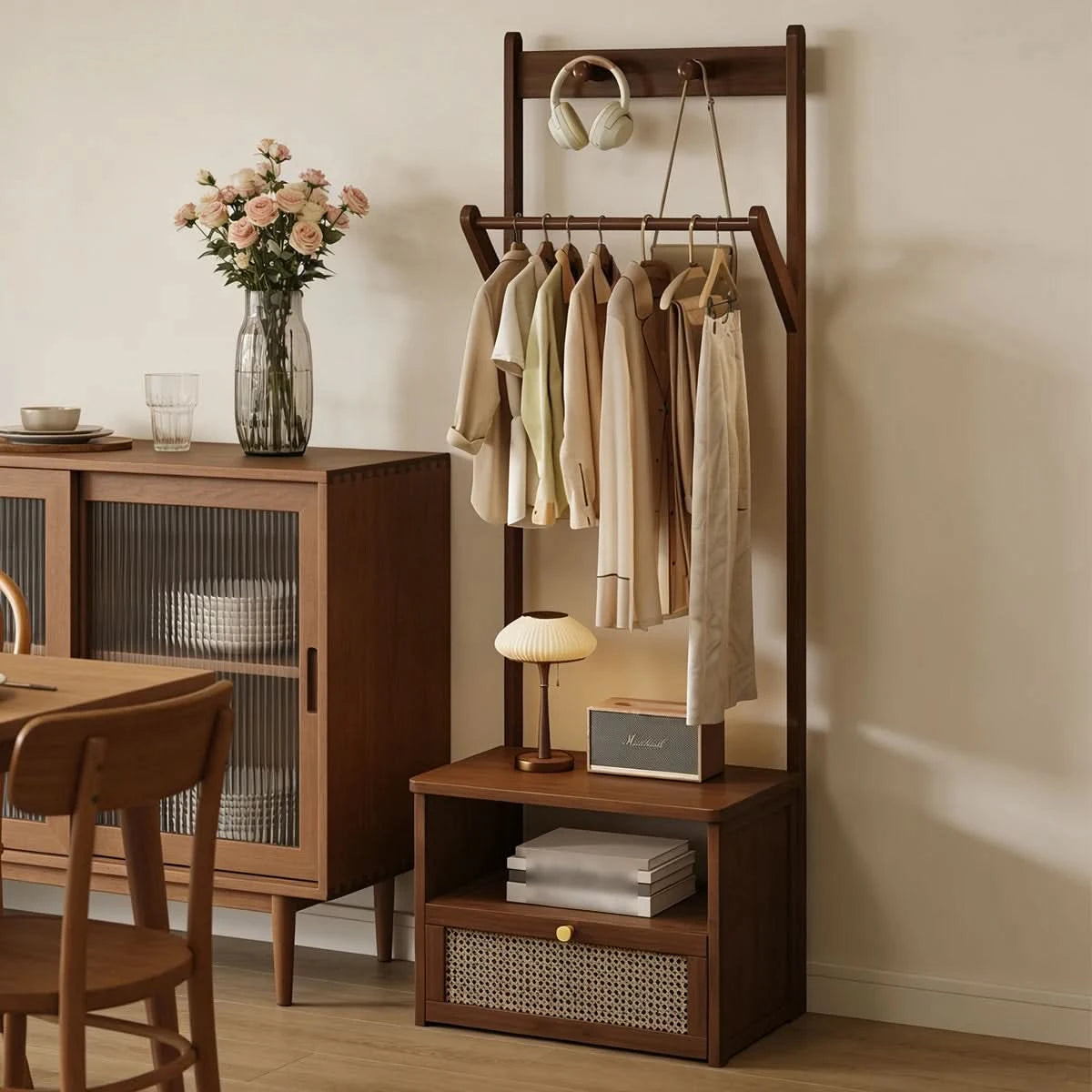 Bamboo 2-in-1 Bedside Rack & Nightstand - Small Space (40/50cm) with Drawer, Shelf & Hanging Rod for Essentials