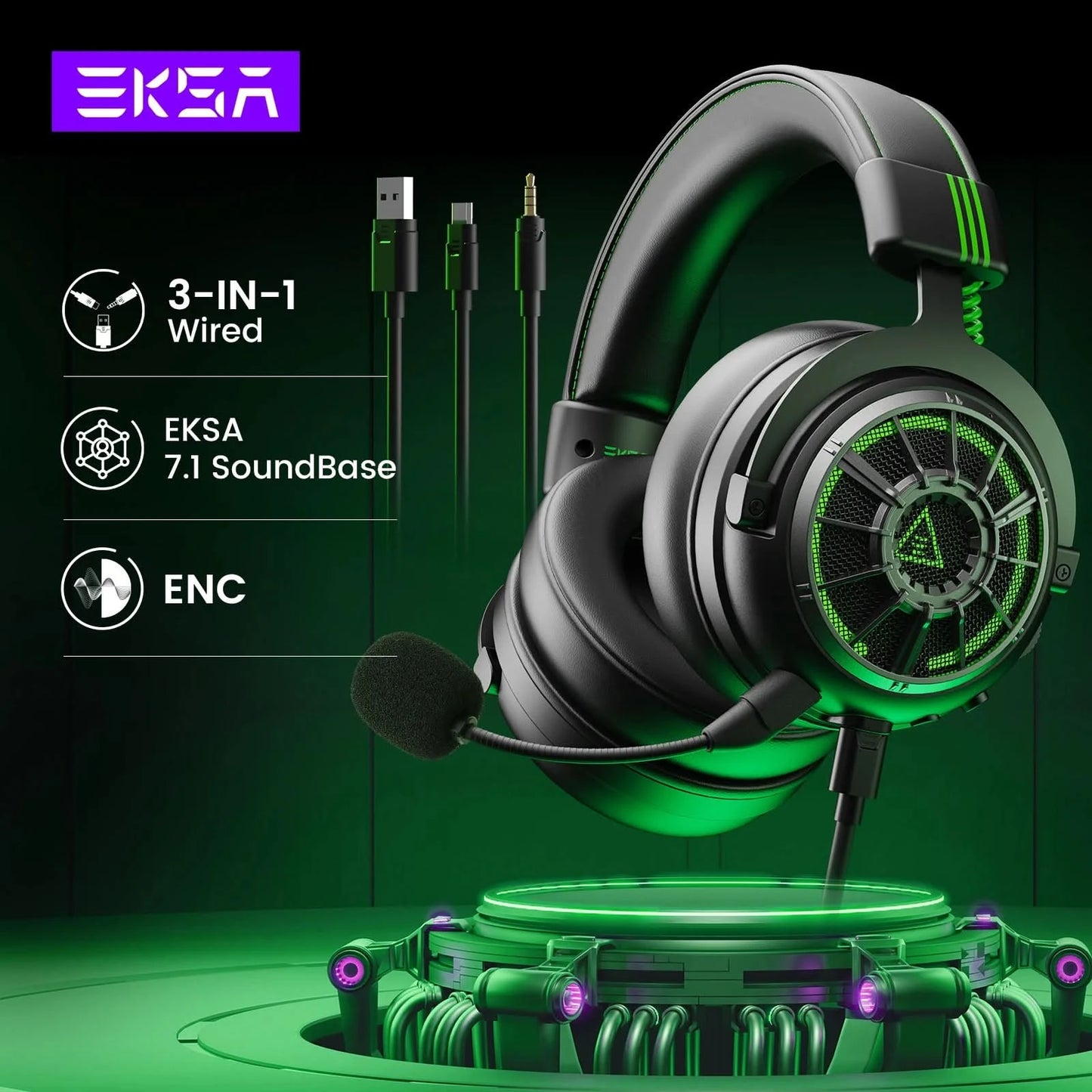 EKSA StarEngine Pro Gaming Headset Gamer 7.1 kabelgebundenes Over-Ear-Headset mit ENC-Mikrofon und Geräuschunterdrückung für PC/PS4/PS5/Xbox