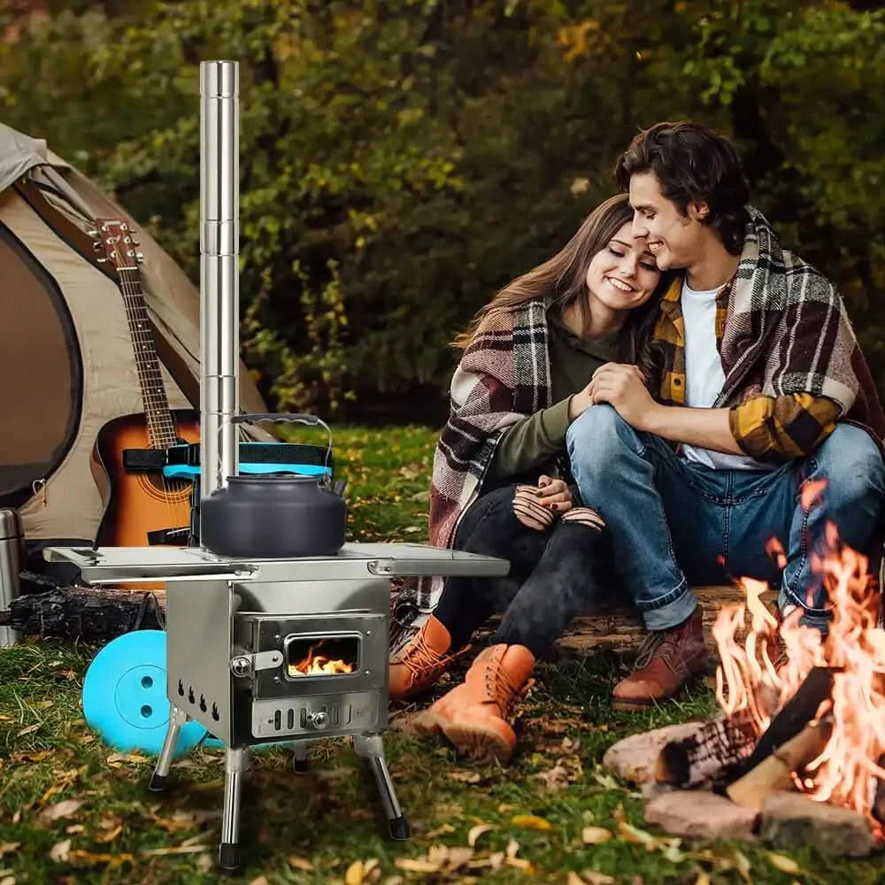 Camping Wood Stove Fire View Side Glass Portable Folding Wood Burner with Chimney Stainless Steel Tent Heater for Ice Fishing