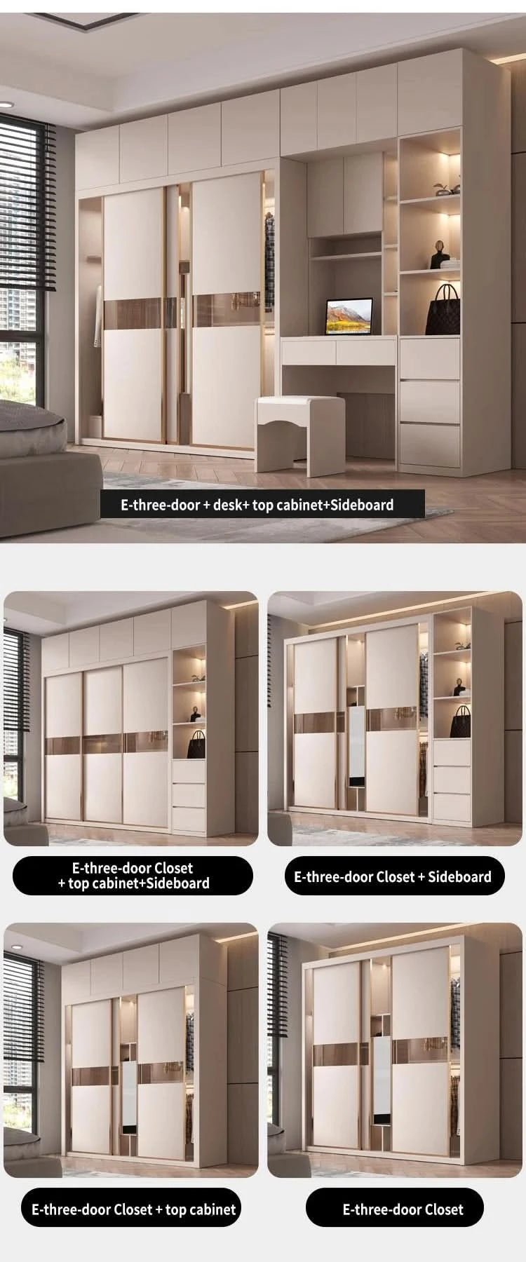 SchiebetürenschrankNordisches modernes Heim-Möbel Schlafzimmer Schreibtisch Kommode in einer Kombination Leichter Luxus-Eckkleiderschrank Möbel