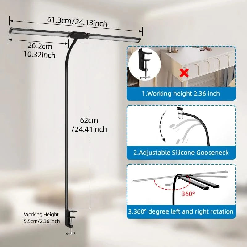Clip Table Lamp Led Monitor Light Stand USB 3 Color Modes and 10 Dimmable Reading Lights for Study Office Double Head Desk Lamp