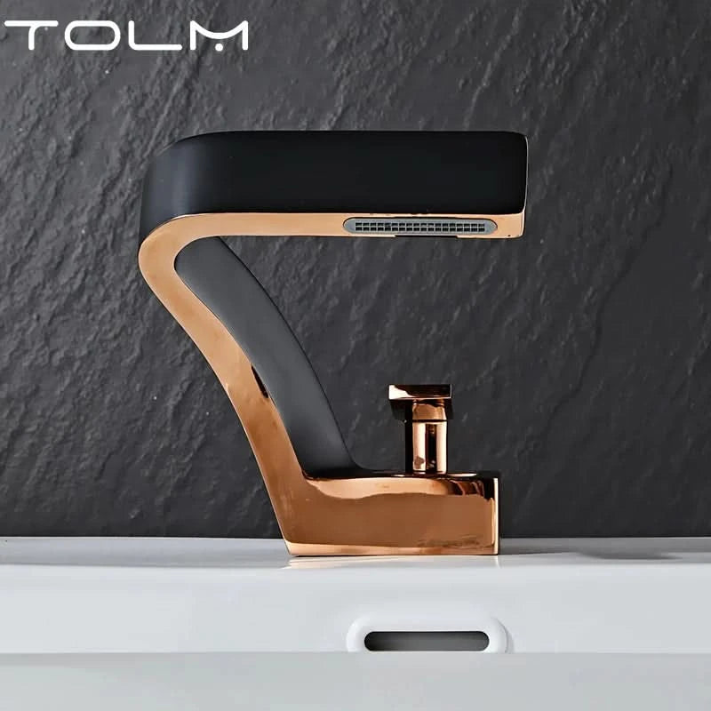 TOLM Messing Schwarz Gold Waschtischarmatur Badezimmer Waschbeckenarmaturen Warm Kalt Wasserhahn Mischer Deck Montiert Einhebel Loch Bad Küche