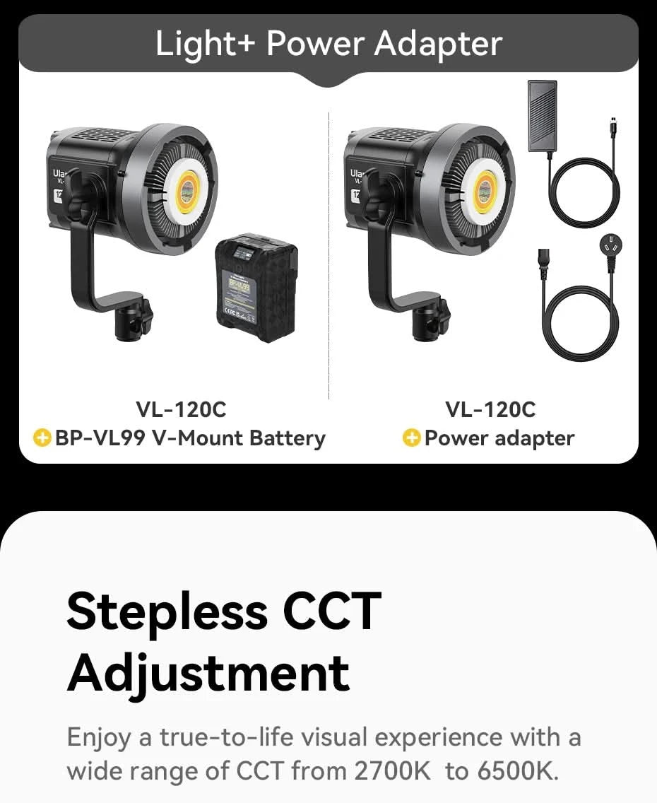 Ulanzi VL-120Bi VL-120C 120W V-Mount Videoleuchte mit kabelloser Steuerung CRI 95+ 2700K-6500K COB Lampe für Innen- und Außenaufnahmen