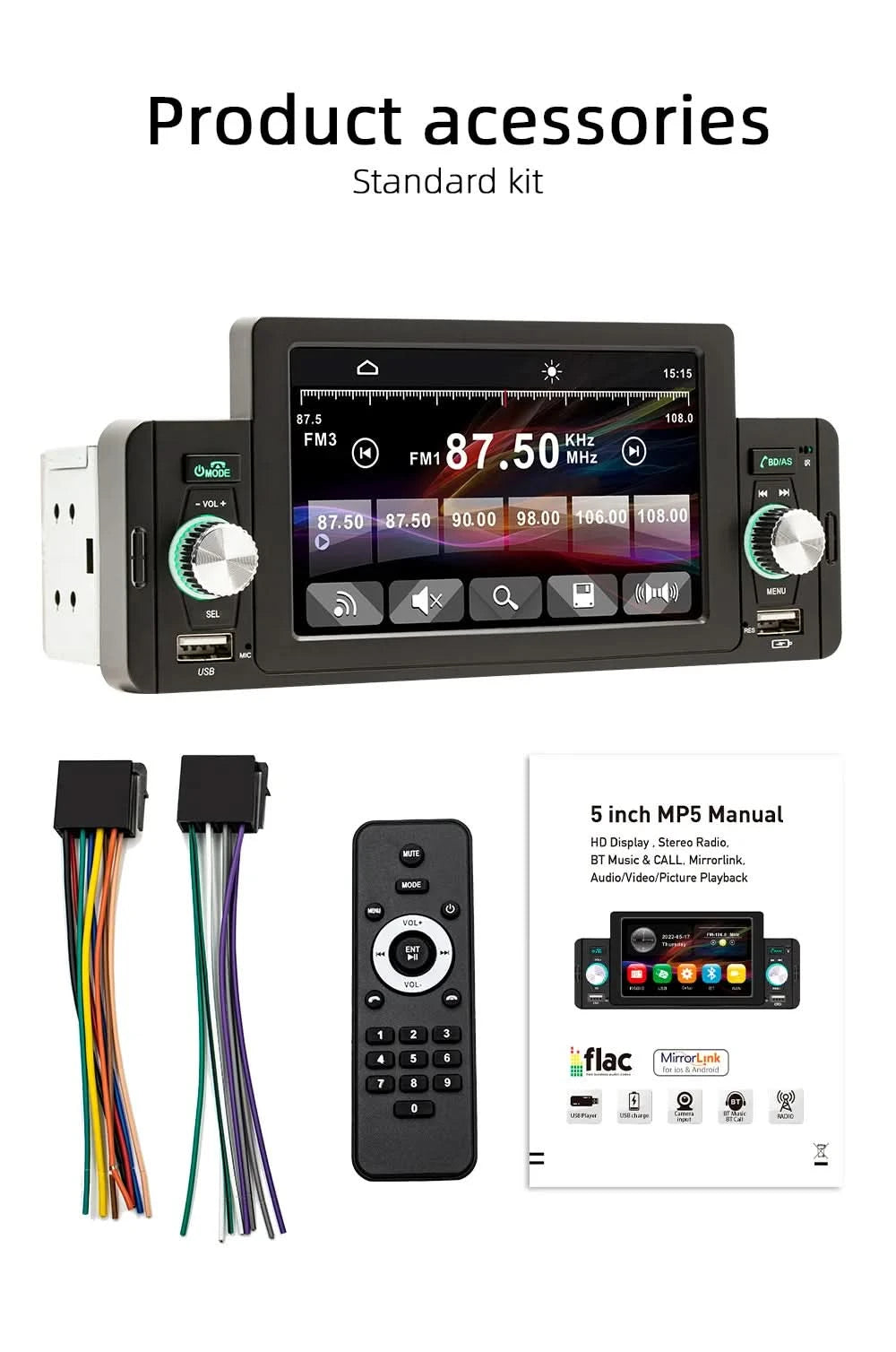 ESSGOO Autoradio 1 Din 5" Touchscreen MP5 Multimedia Bildschirmspiegelung Navigation und Rückfahrkamera