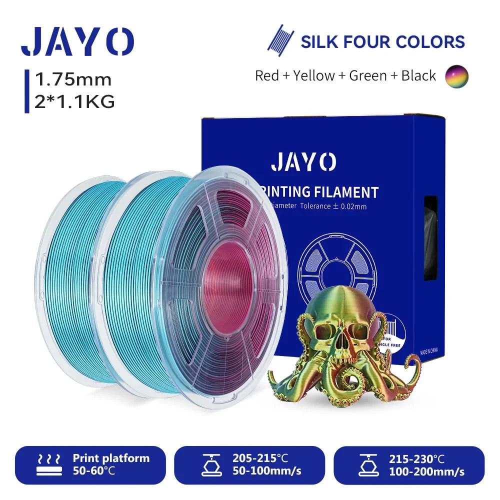 JAYO 3D Multicolor 4-Farben Seiden-PLA+-Filament-Bündel Seiden-PLA+-3D-Drucker-Filament 1,75 mm +/- 0,02 mm Glänzende Seidenstruktur 2 Rollen