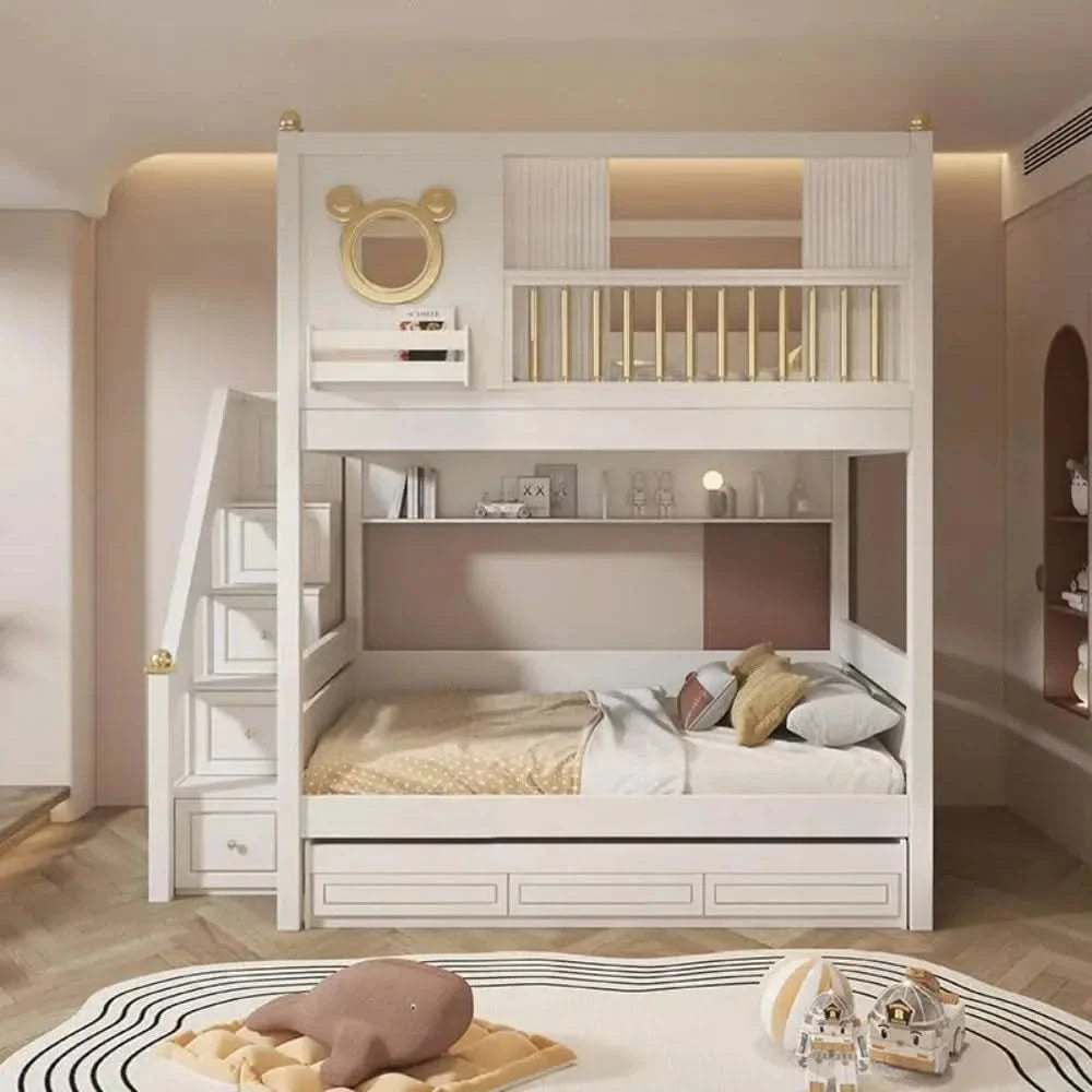Modern Comfortable Wooden Bunk Bed with Double Top Loft Design Unisex Width Suitable for Nursery  Living Room  with Slide
