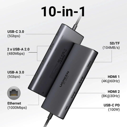 UGREEN Dual HDMI USB-C HUB 8K 4K HDMI Adapter 10 in 1 Splitter with RJ45 USB3.0 PD 100W Dock for MacBook Pro Air Laptop USB HUB