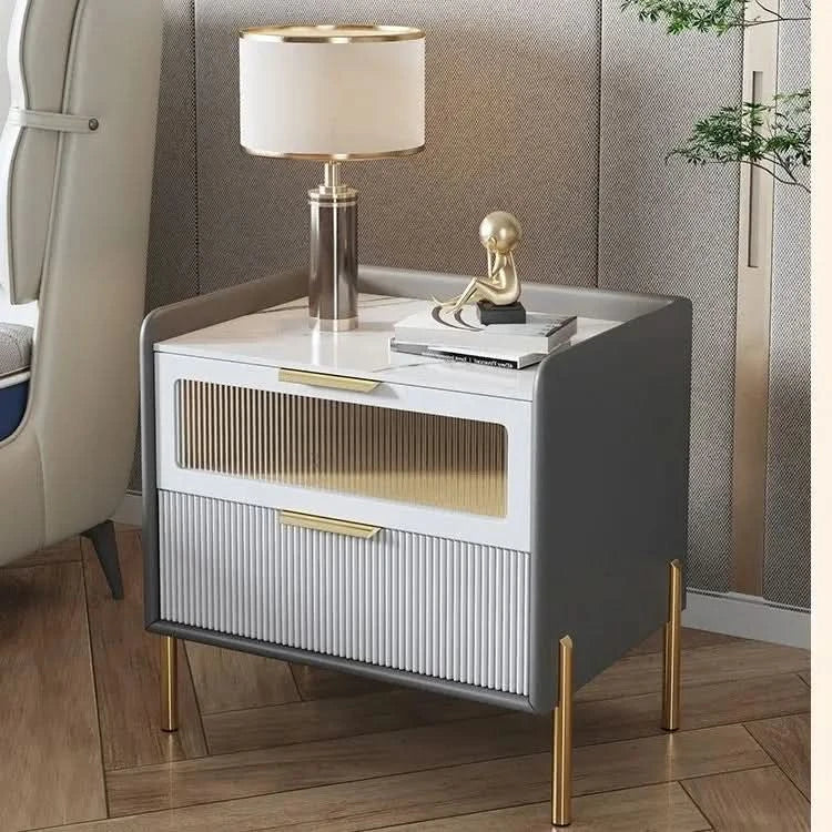 Bedside Table,Modern Light Luxury, Solid Wood Italian Simple Storage, Ultra-narrow Bed Leather Smart Side Cabinet Bedroom