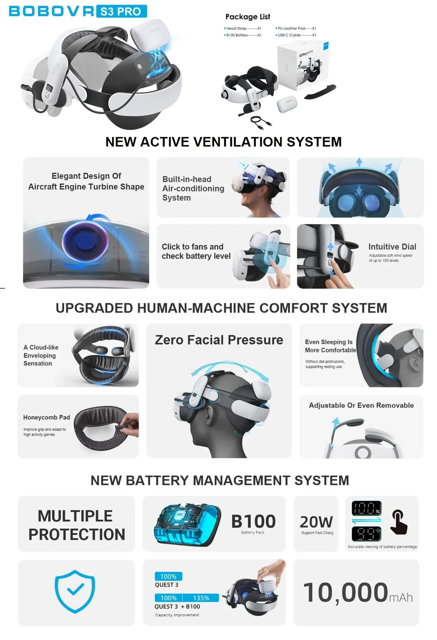 BOBOVR Head Strap kompatibel mit Meta Quest 3/Quest3S BOBOVR S3 Pro/E3PRO/M3 Pro Akku-Kopfband VR-Zubehör