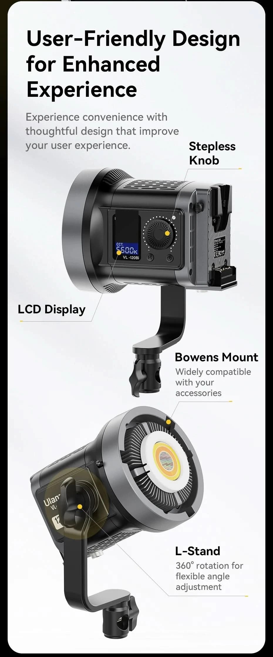 Ulanzi VL-120Bi VL-120C 120W V-Mount Video Light with Wireless Control CRI 95+ 2700K-6500K COB Lamp Indoor Outdoor Photography