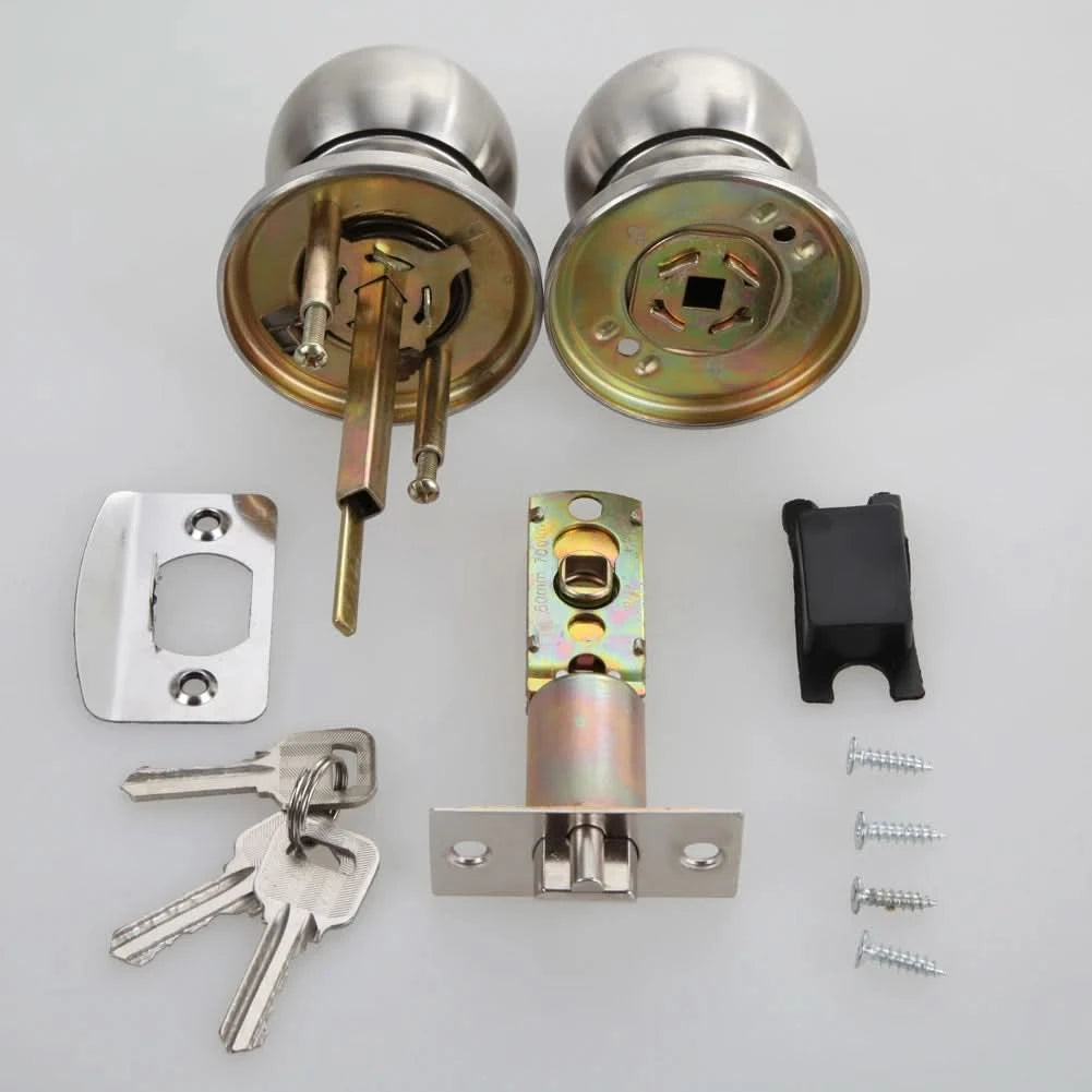 Door Handle Knob Stainless Steel Rotation Round Door Knobs Handle Entrance Passage Lock with Three Keys Round-shape Locking Gear