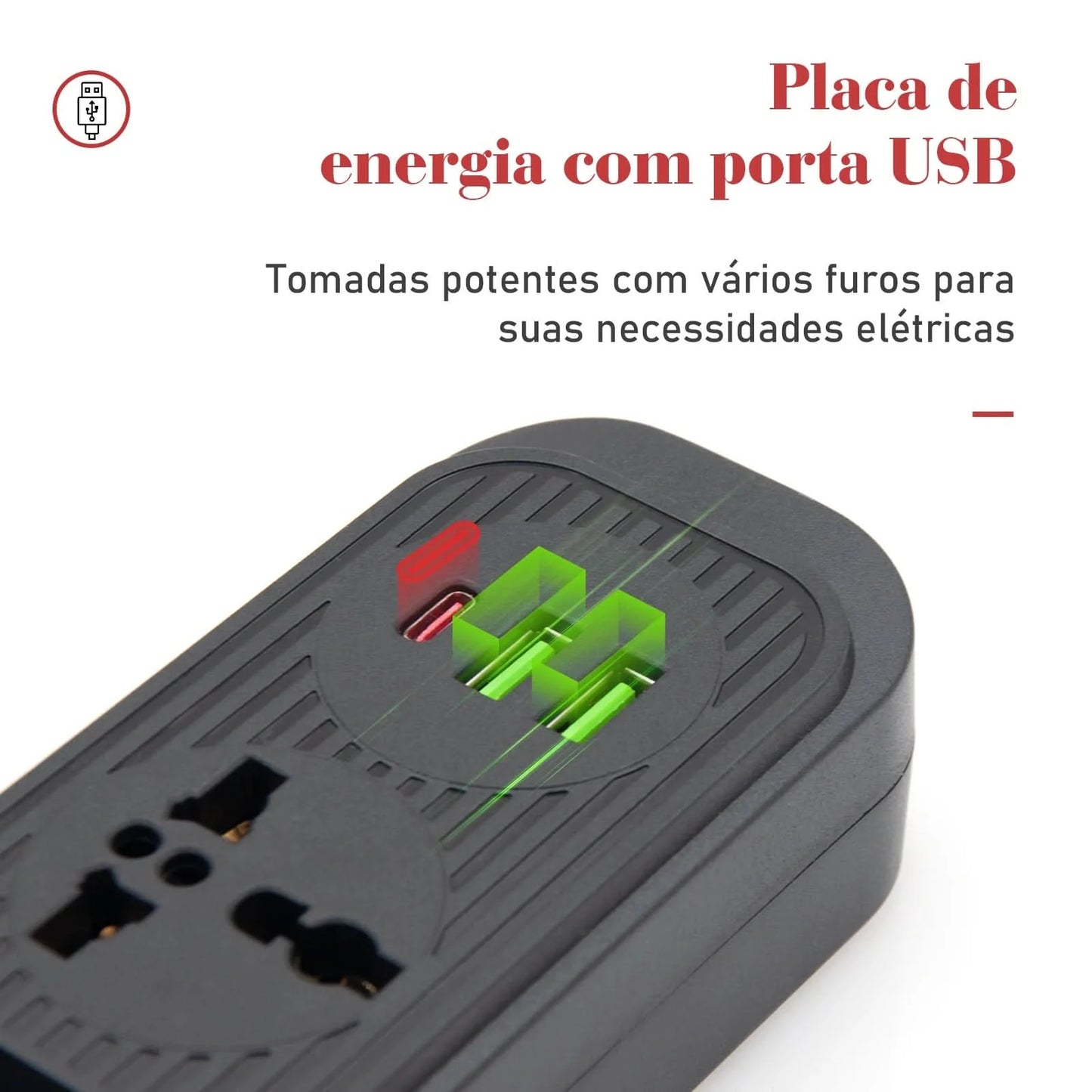 4-fach Verlängerungskabel mit 3 USB-Anschlüssen, weiß, bivolt, 2 Meter, Schwarz, Verlängerungskabel, unterstützt 110-220V Spannung, 2500W Leistung