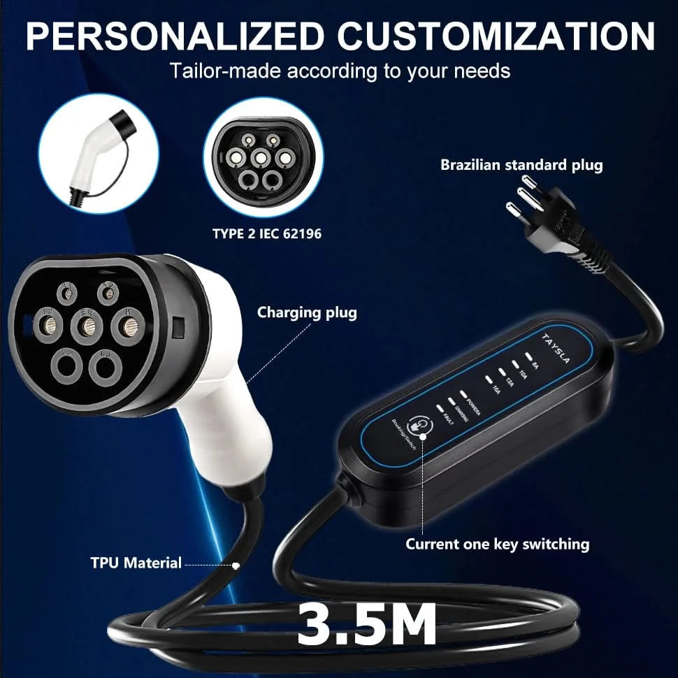 TAYSLA Type 2 Portable Electric Vehicle Charger 3.5KW Brazilian Electric Vehicle Charging Cable Plug