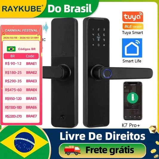 Do Brasil RAYKUBE Black K7 Pro+ Tuya Bluetooth Biometric Fingerprint Door Lock Smart Digital Lock Tuya App Unlock Keyless Lock