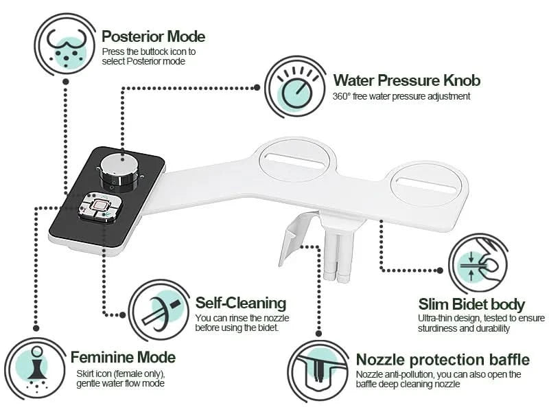 Samodra Toiletten-Bidet-Dusche, ultradünner Bidet-Toilettensitzaufsatz, nicht-elektrischer Bidet-Sprayer, Dual-Düsen, vordere und hintere Reinigung