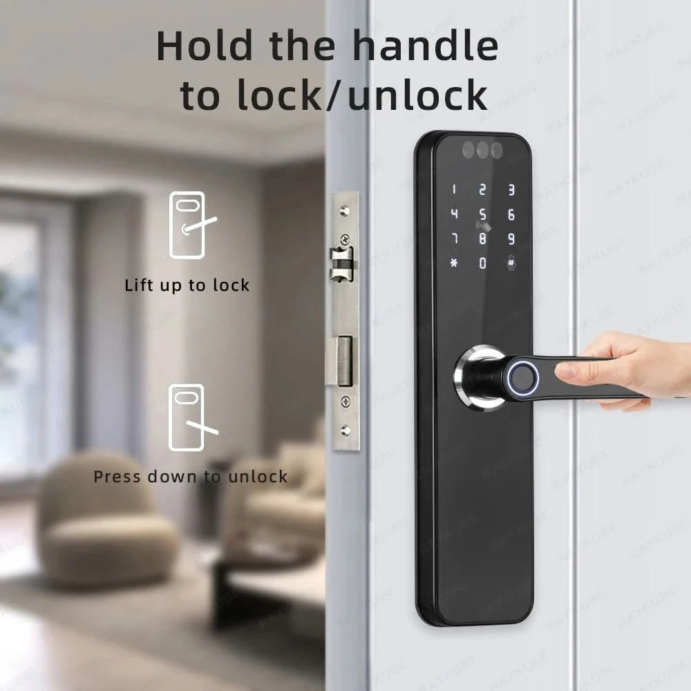 Aus Brasilien RAYKUBE K12 mit wiederaufladbaren Lithiumbatterien Tuya WiFi Kamera Elektronisches Schloss 3D-Gesicht Fingerabdruck Smart Türschloss