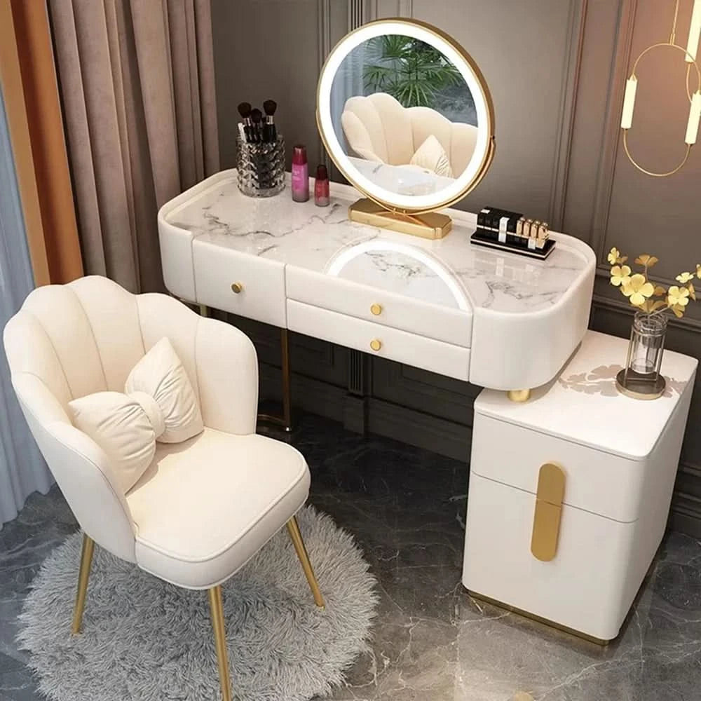 Luxury Jewelery Storage Dressing Table Glass Top Girls Unique Makeup Mirror Beauty Dressing Table Light White Muebles Decoration