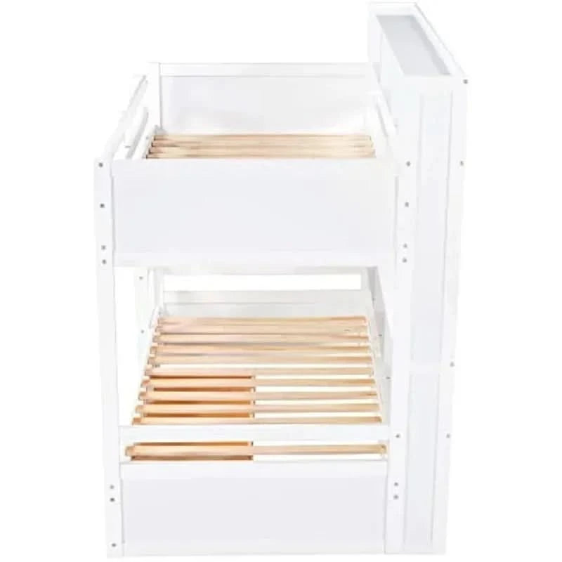 Twin over Twin Bunk Bed with Storage Drawer, Solid Wood Construction, Built-in Shelves on Each Side
