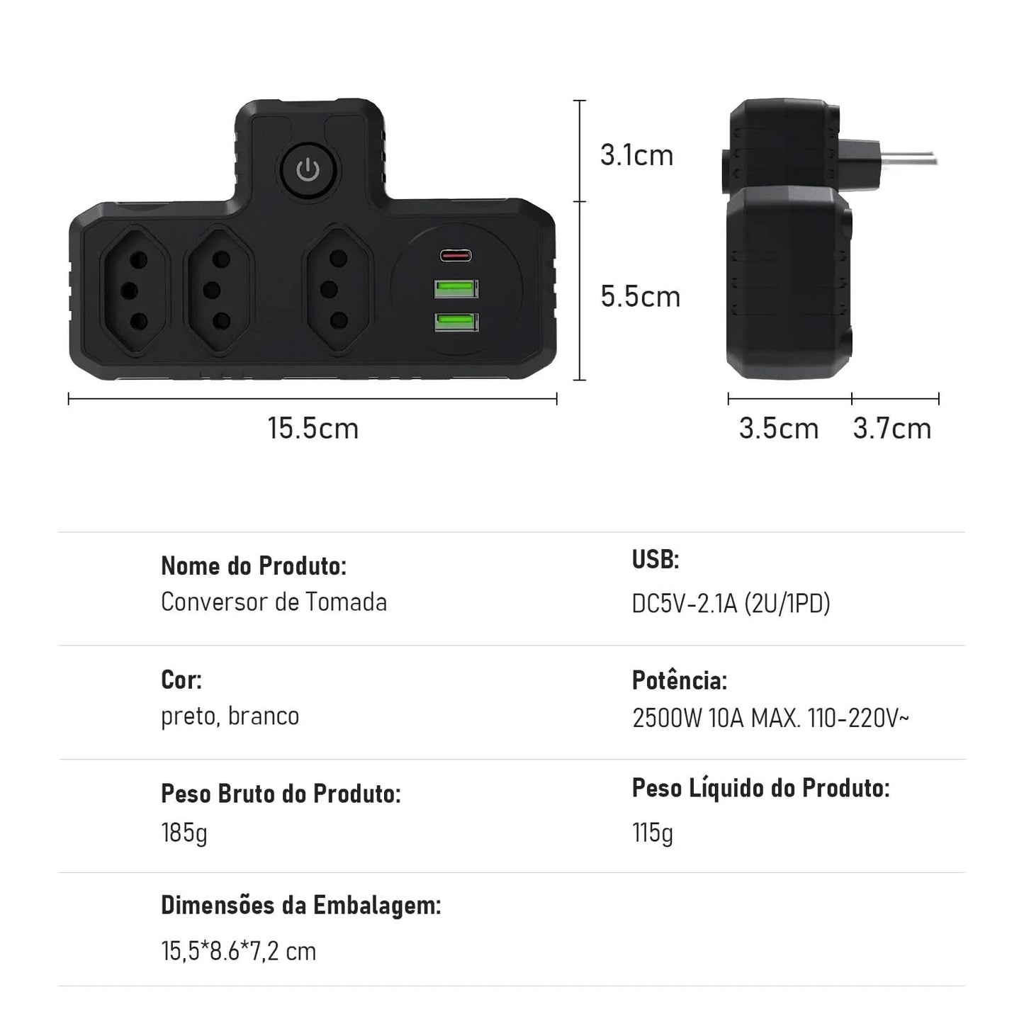 Mehrfachsteckdose, Steckdosenleiste, USB-Steckdose, Steckdosenleiste mit Filter, Steckdosenleiste, Verlängerungskabel, 110-220V, 10A