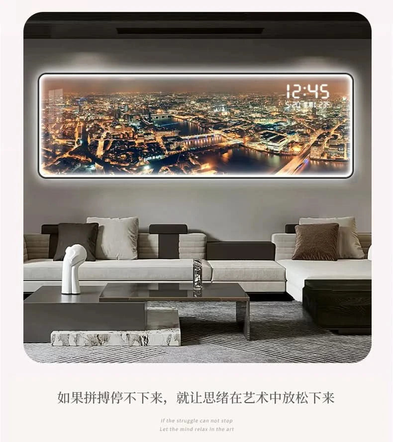 Modern Urban Night Scene Bedroom Bed Head Hanging Art Electronic Clock Landscape Architecture Living Room Sofa Background Wall D