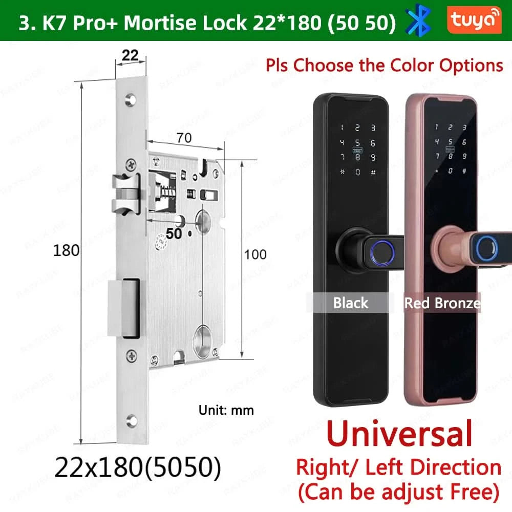 Do Brasil RAYKUBE Black K7 Pro+ Tuya Bluetooth Biometric Fingerprint Door Lock Smart Digital Lock Tuya App Unlock Keyless Lock