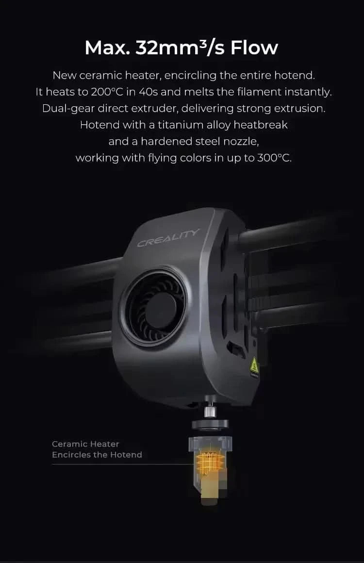 Creality K1/K1MAX/K1C 3D-Drucker mit max. 32MM³/S Durchfluss Hotend, 600MM/S Druckgeschwindigkeit und Dual-Gear Direct Drive Extruder