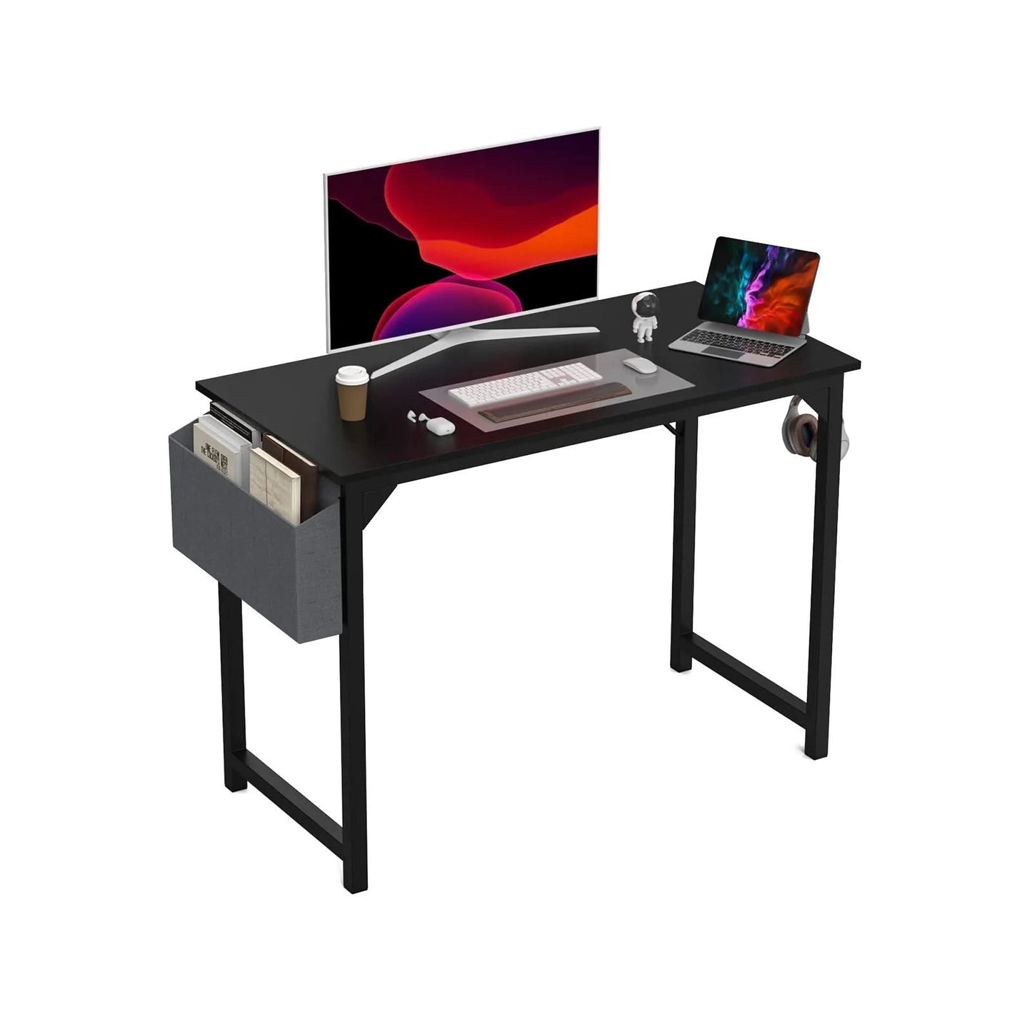 JHK Computertisch Schreibtisch Büro Gaming-Tisch Modern Einfacher Stil Kompakt mit Seitentasche Kopfhörerhaken Leichte Montage