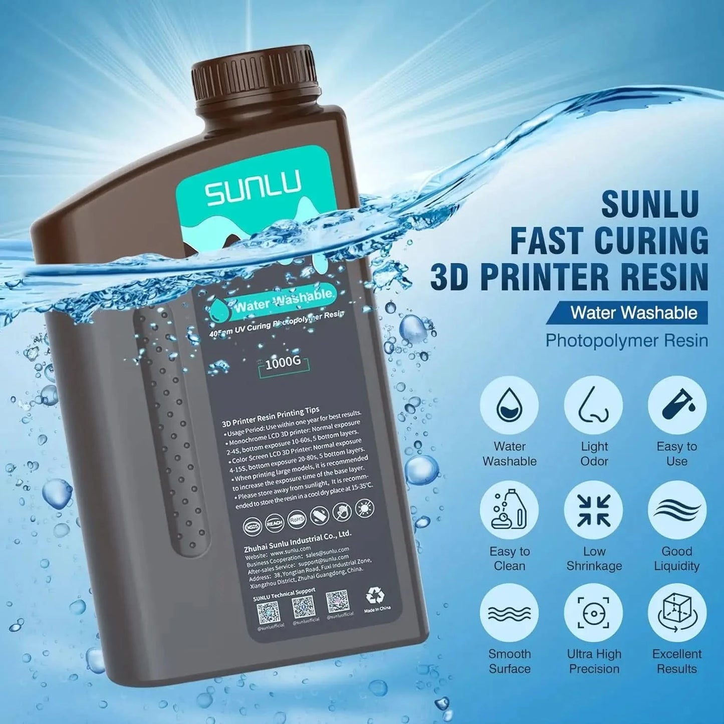 SUNLU 2KG Wasserwaschbares / Wasserwaschbares ABS-Harz Harz 1000G/Flasche 405nm Schnelles UV-härtendes Photopolymerharz für LCD-3D-Druck