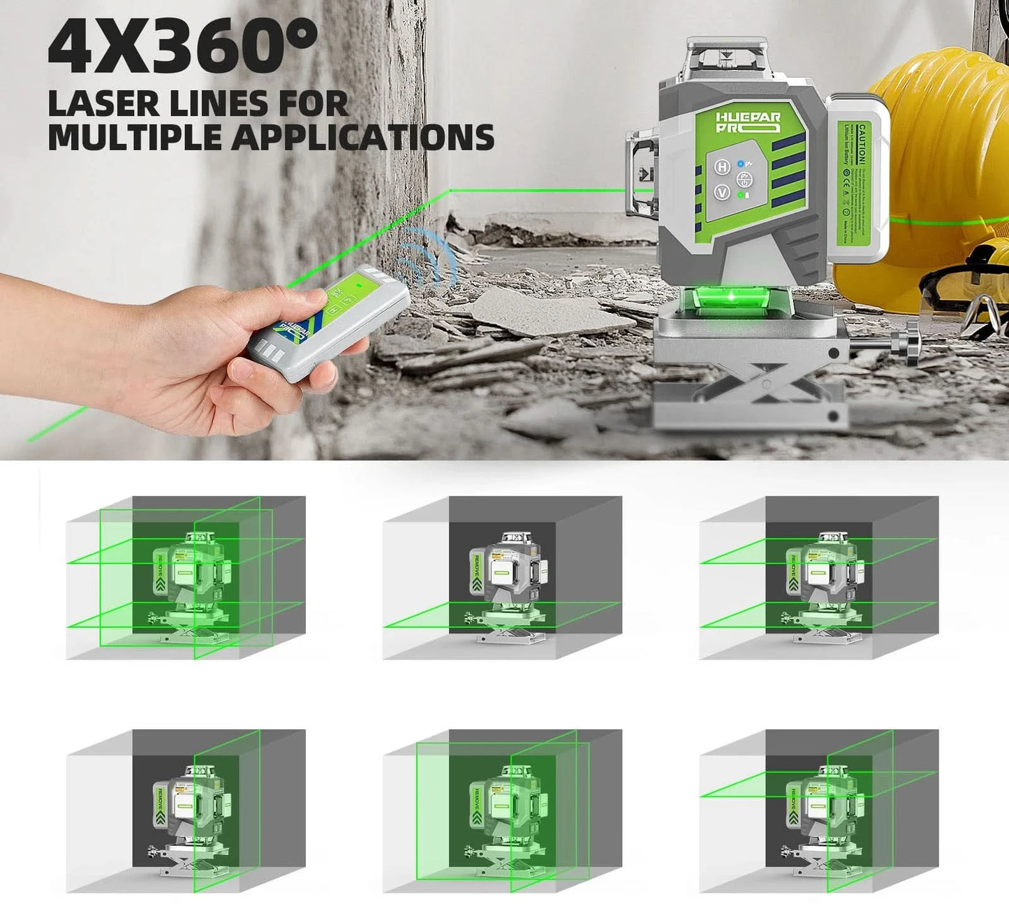 Huepar 4D Cross Line Laser Level High Accuracy ±2mm/10m Self Leveling Green Laser Tools With 8000mAh Li-ion Battery & Receiver