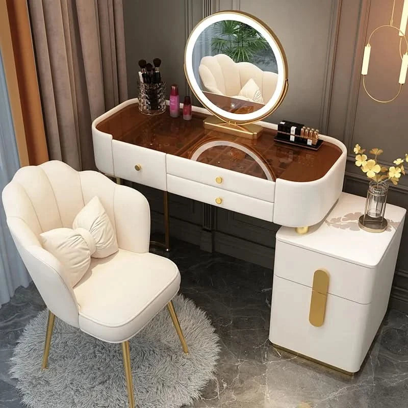 Luxury Jewelery Storage Dressing Table Glass Top Girls Unique Makeup Mirror Beauty Dressing Table Light White Muebles Decoration