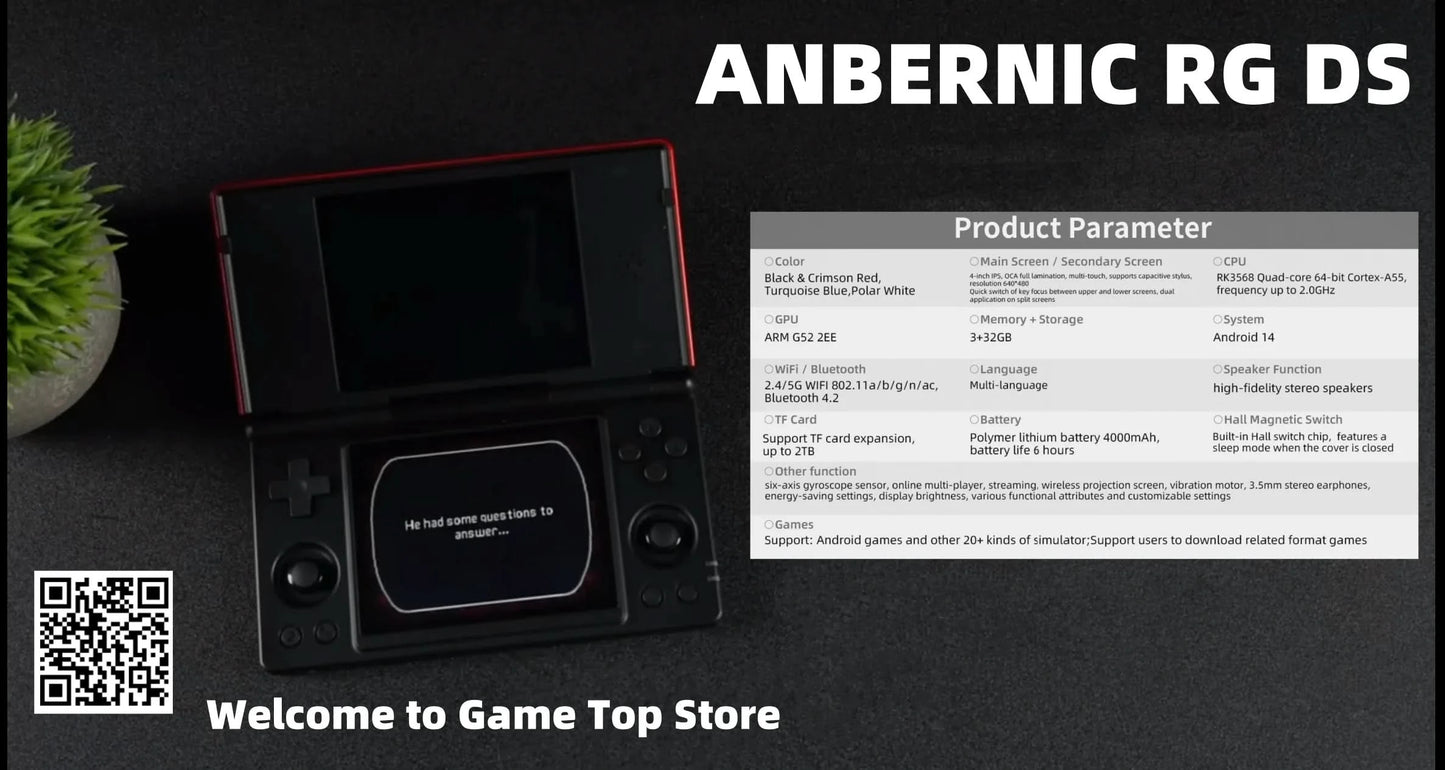 ANBERNIC RG DS Handheld-Spielekonsole 4" IPS Multi-Touchscreen Android RK3568 64-Bit 4000mAh Dual-Screen Flip-Videospieler