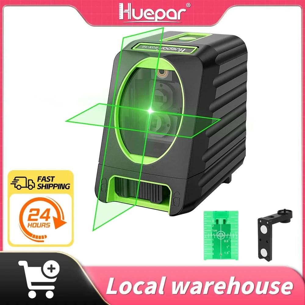 Huepar Box-1G selbstnivellierender Kreuzlinienlaser 45 m Reichweite, grüne Laserlinie mit vertikalem Abstrahlwinkel von 150°