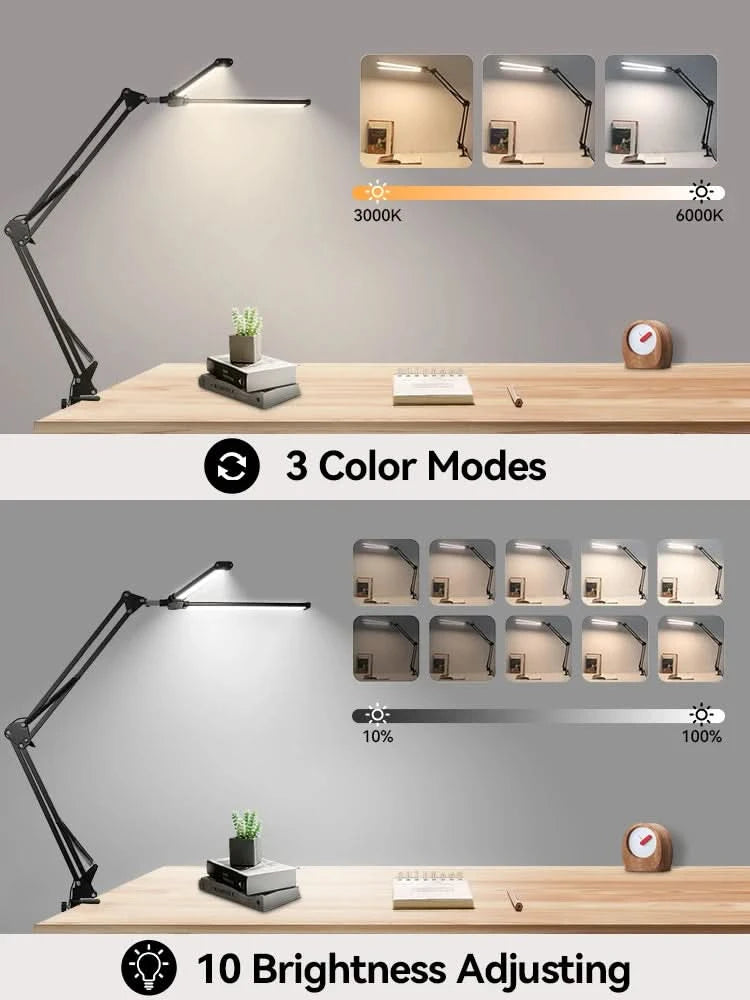 Clip Table Lamp Led Monitor Light Stand USB 3 Color Modes and 10 Dimmable Reading Lights for Study Office Double Head Desk Lamp