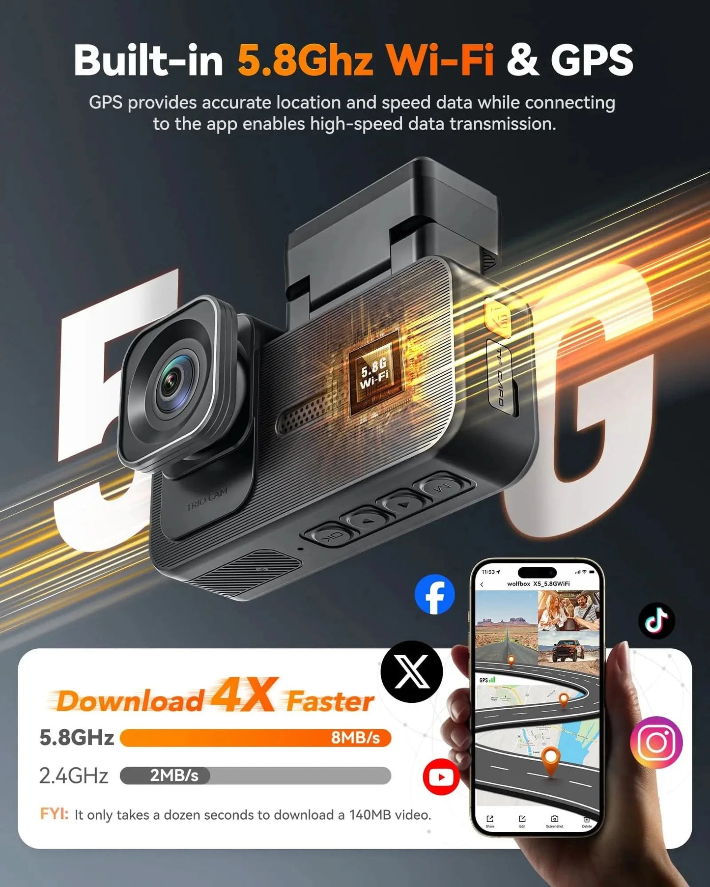 WOLFBOX X5 3-Kanal 4K Dashcam STARVIS 2 IMX678 4K+2.5K Dreifach-Auto-Kamera für vorne, hinten und innen 5.8GHz WiFi Spiegel-Auto-DVR