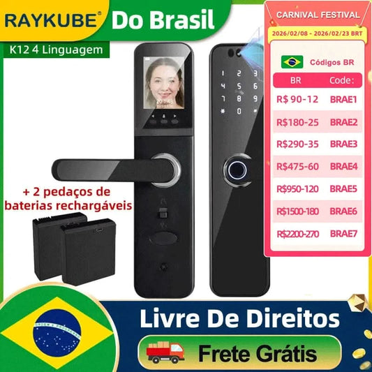 Do Brasil RAYKUBE K12 With lithium Rechargeable Batteries Tuya WiFi Camera Electronic Lock 3D Face Fingerprint Smart Door Lock