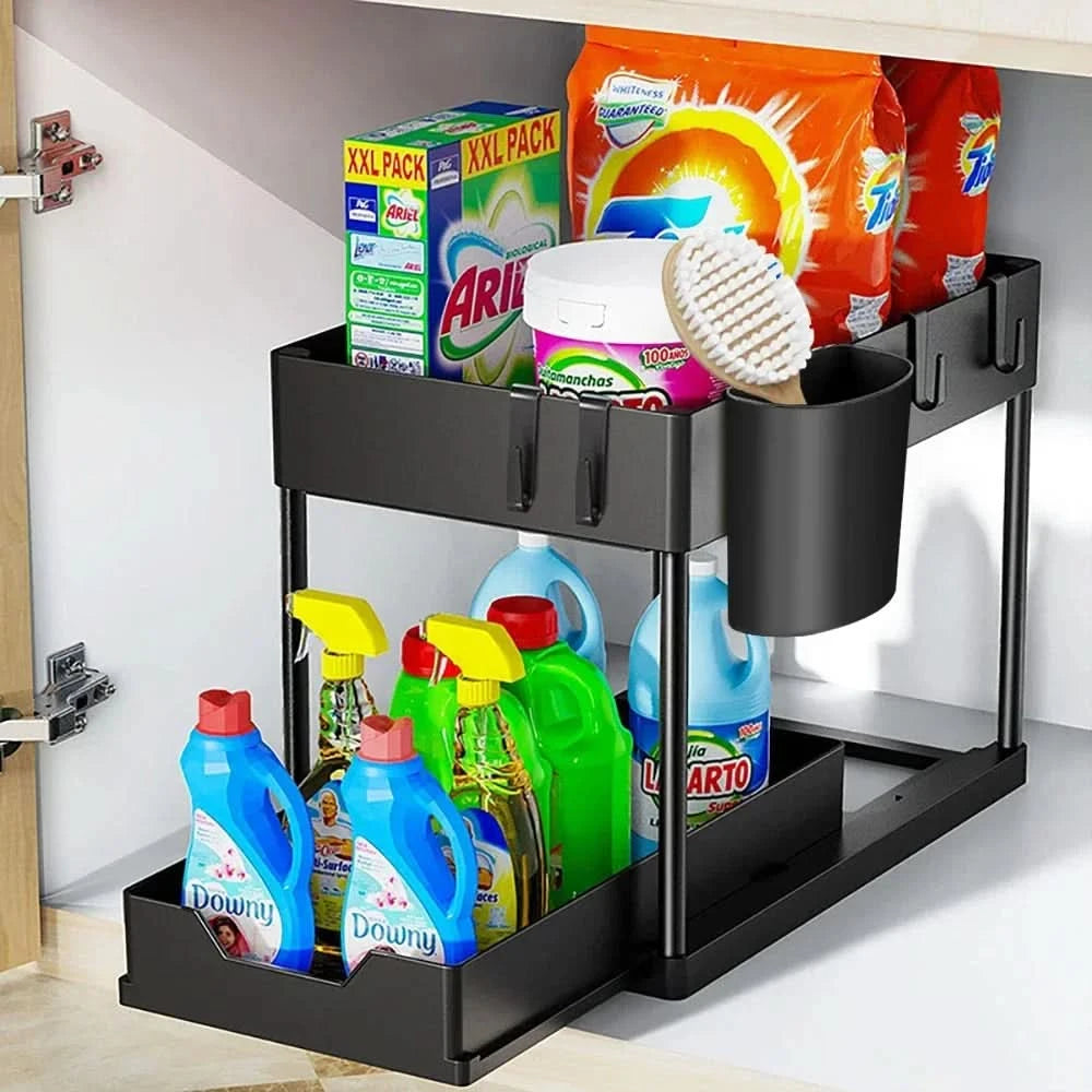Zweistufiger Ausziehbarer Spülenunterschrank, Schiebekorbregal, Ablageregal, Hängeregal für Badezimmer und Küche